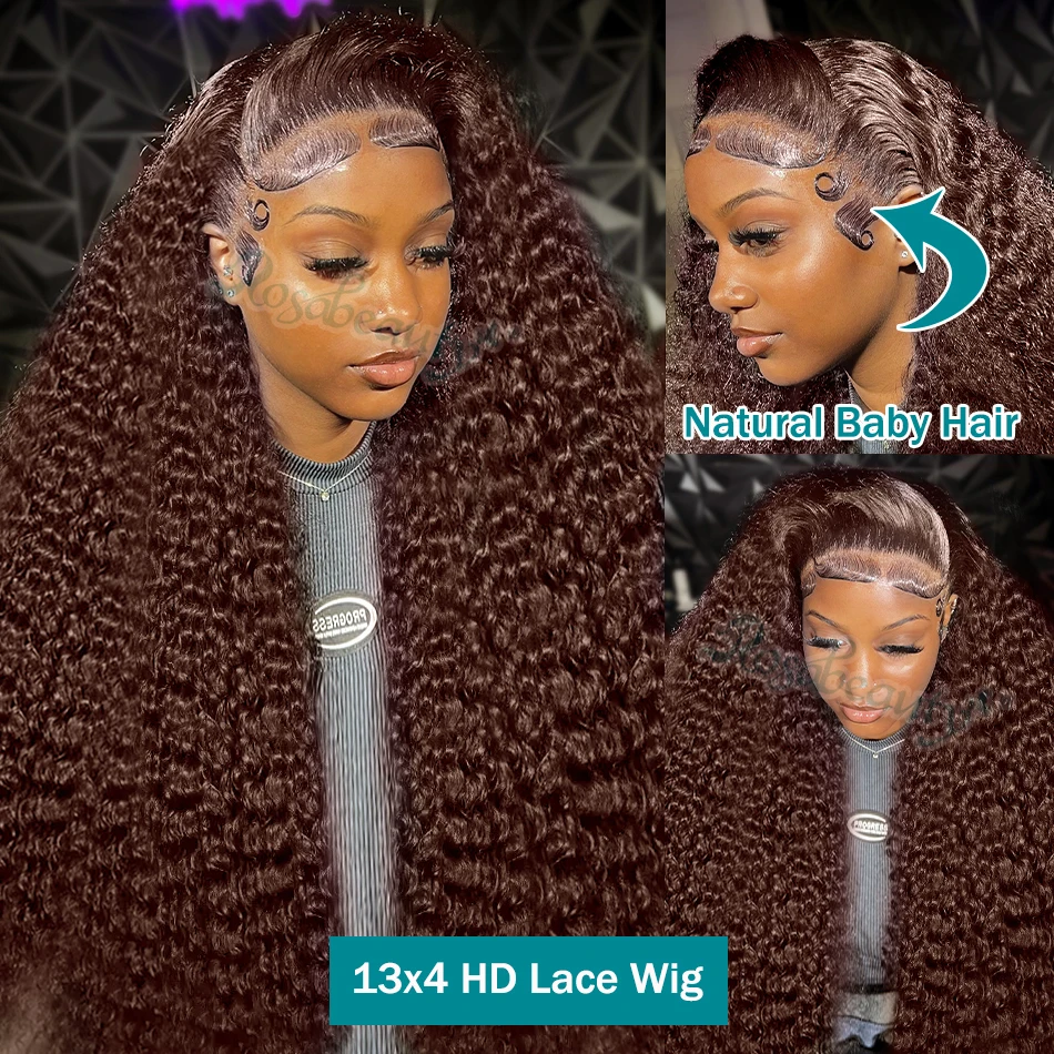 Rosabeauty Chocolate Brown Curly Wigs 13X6 HD Human Hair Lace Frontal Wig 30 32 Inch 13x4 Deep Wave #2 Colored Wig For Women