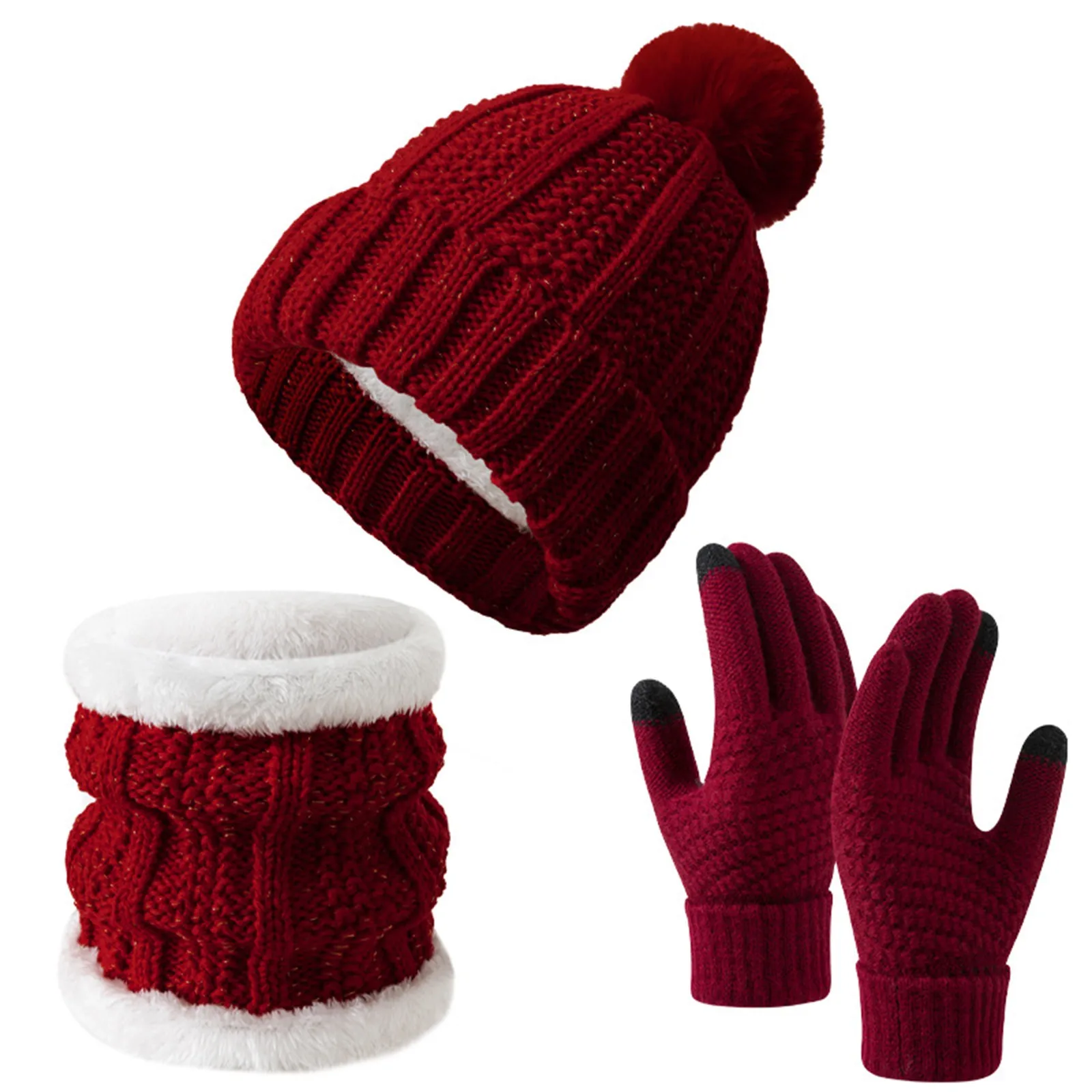 Damen Wintermütze, Schal, Handschuh-Set, Fleece-gefüttert, Strickmütze, warmer langer Schal, Winter-3-teiliges Set, Handschuhe, Schal-Set für Jungen