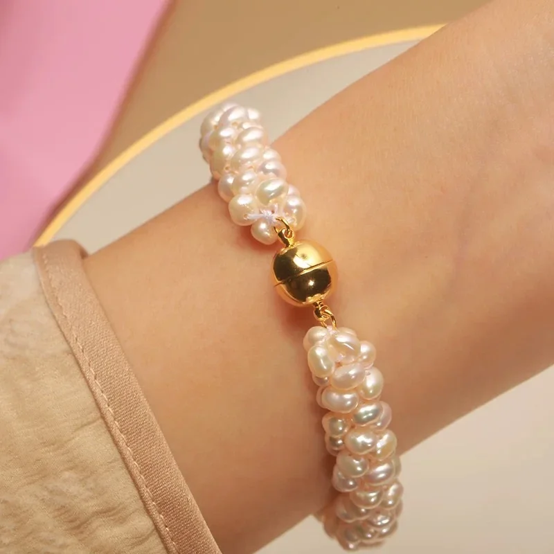 100% Natural Freshwater Pearl Sweater chain bracelet  hand-woven Necklace Bracelet Sets 14K gold filled magnetic buckle 45cm NC