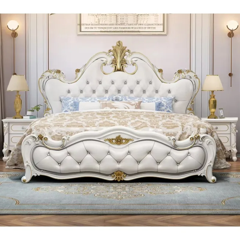 New Design French Luxury Bedroom Bed Furniture European Royal Classic Carved Queen King Size Solid Wood Frame Leather Double Bed view 2
