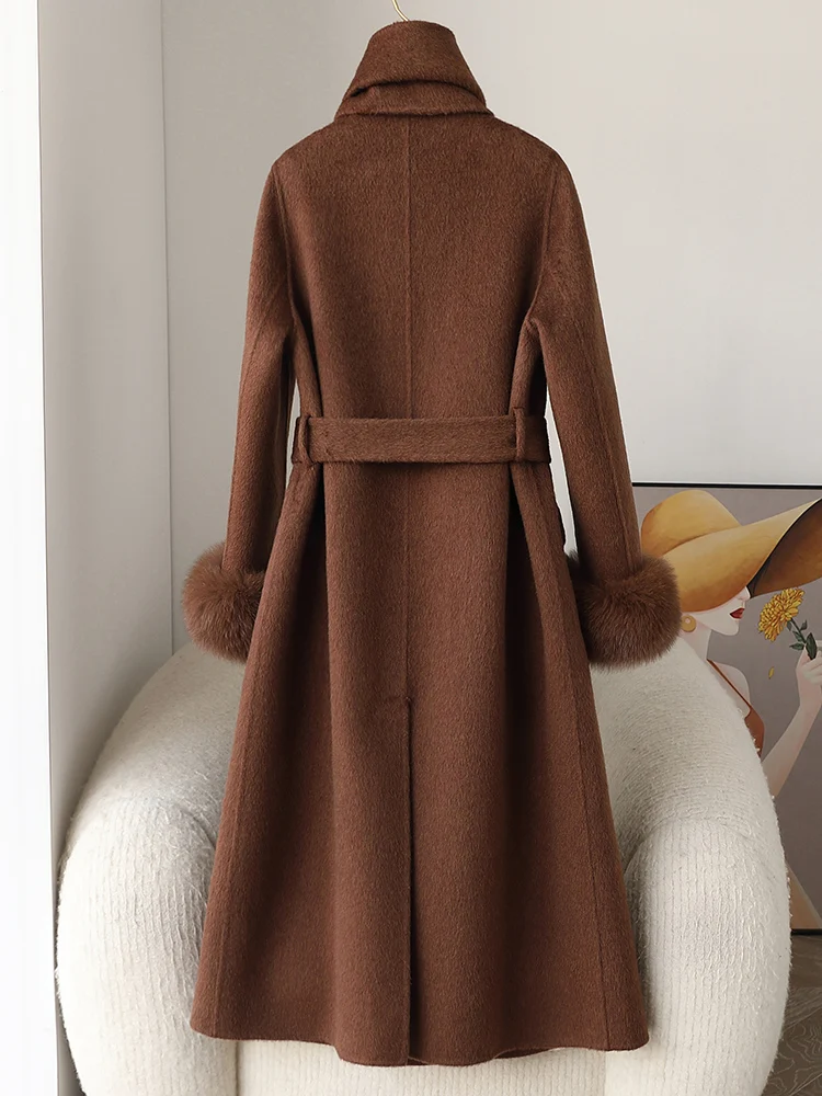 Veste d'hiver en laine de cachemire pour femme, manteau de manchette en fourrure de renard naturel véritable, vêtements d'extérieur pour femme, veste de luxe pour femme, nouveau