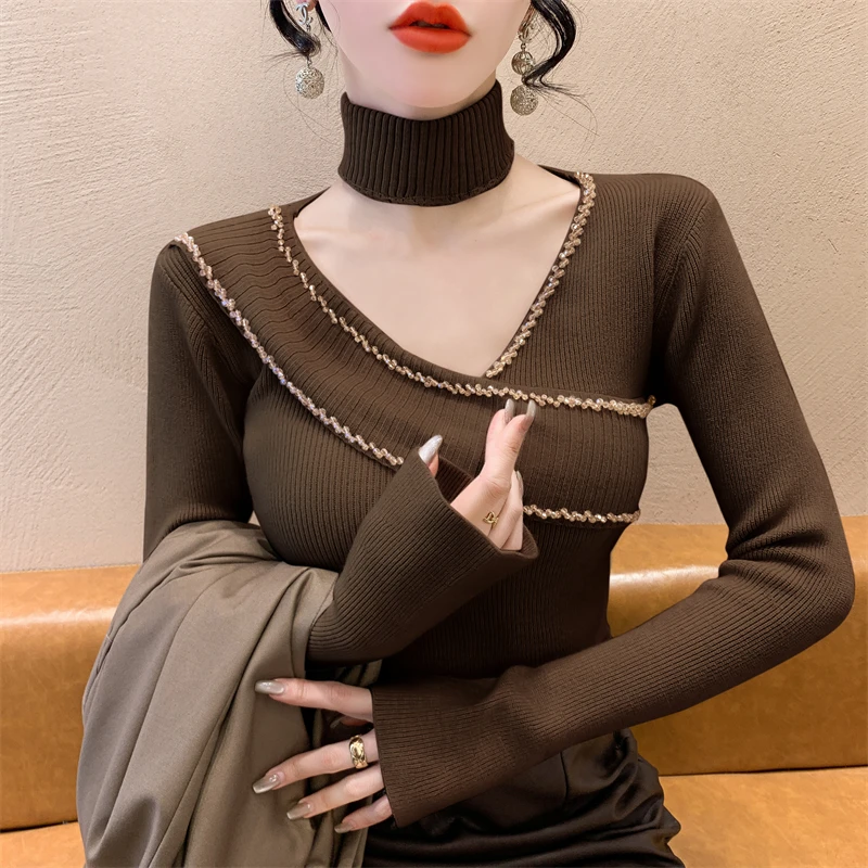 

Новинка 2024, осенне-зимняя одежда, вязаный свитер с высоким воротником, модный сексуальный женский Топ с длинным рукавом и V-образным вырезом, украшенный бисером, 41028
