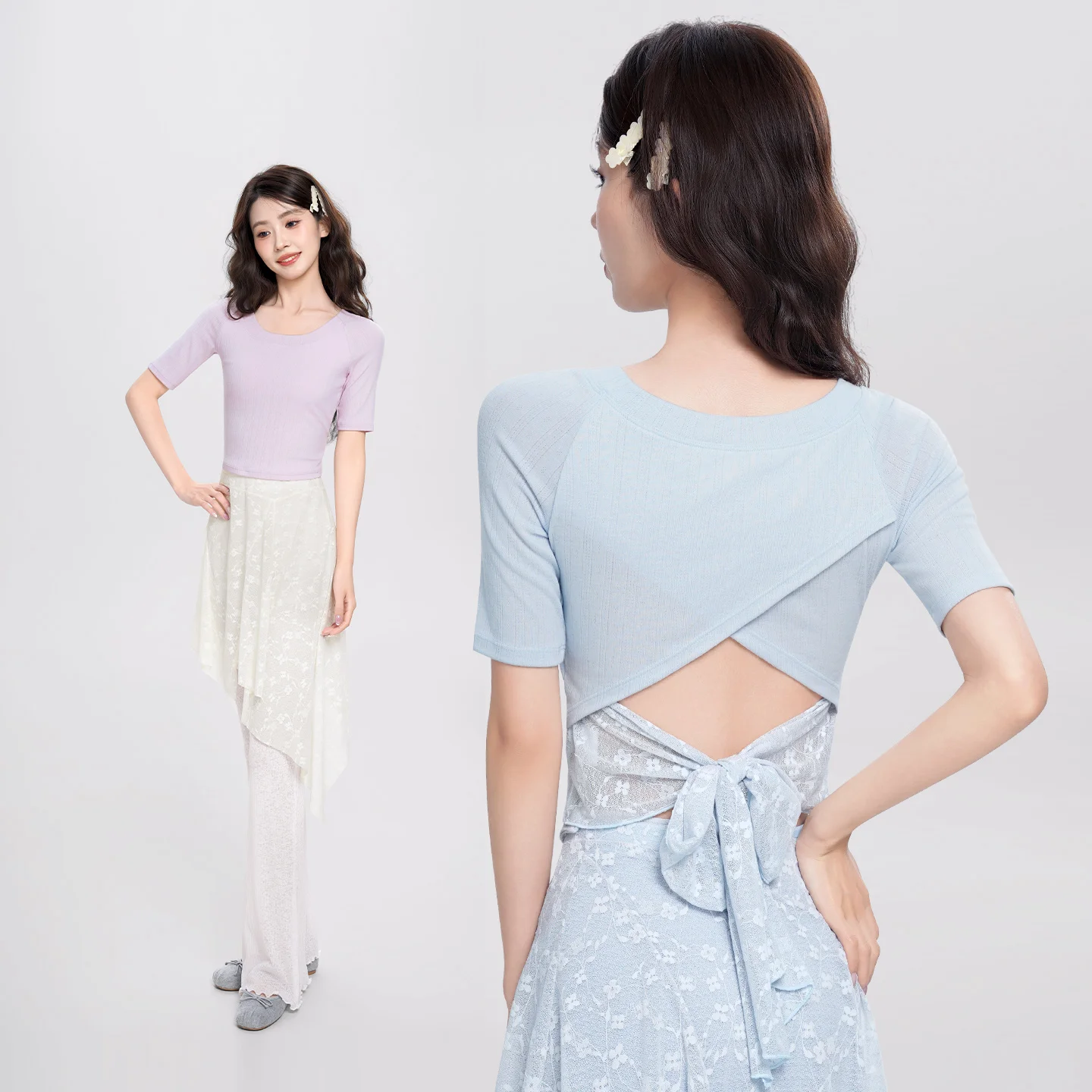 Woman Dance Tops Back Lace Splice Ballet Tops Short Sleeves Tie up Dance Shirt Adult Ballet Jacket Training Tops Yoga Tops