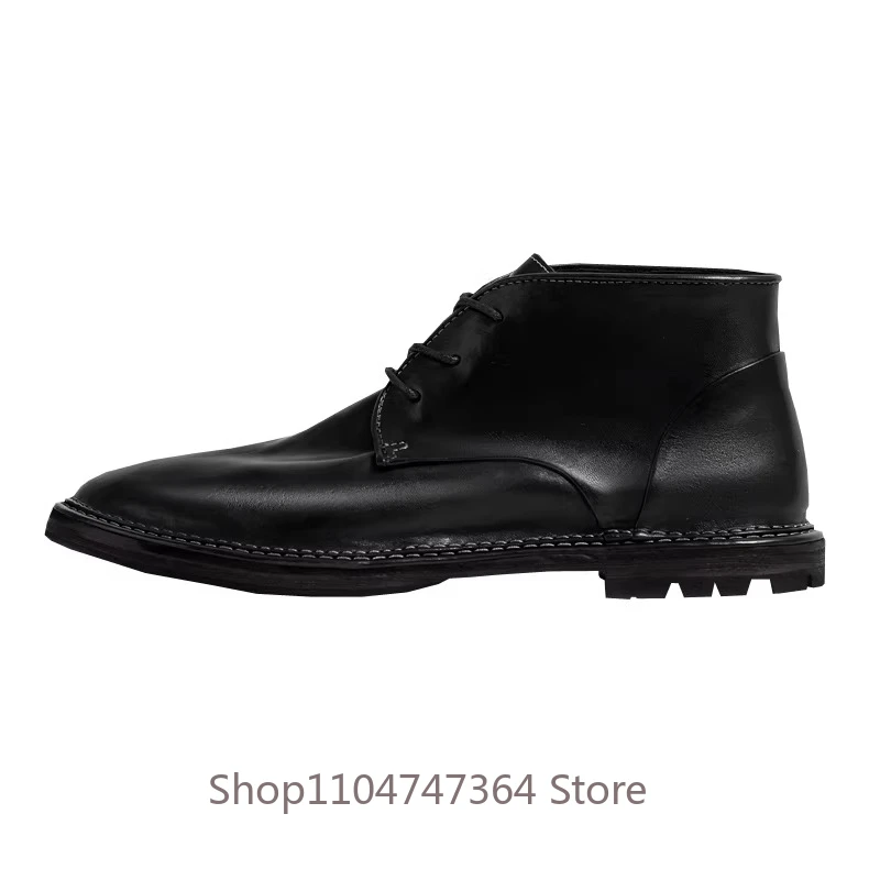 High-end Genuine Leather Handmade Cowhide Casual Ankle Boots Men's Shoes Derby High Top Retro Hiking Chelsea Boots Male