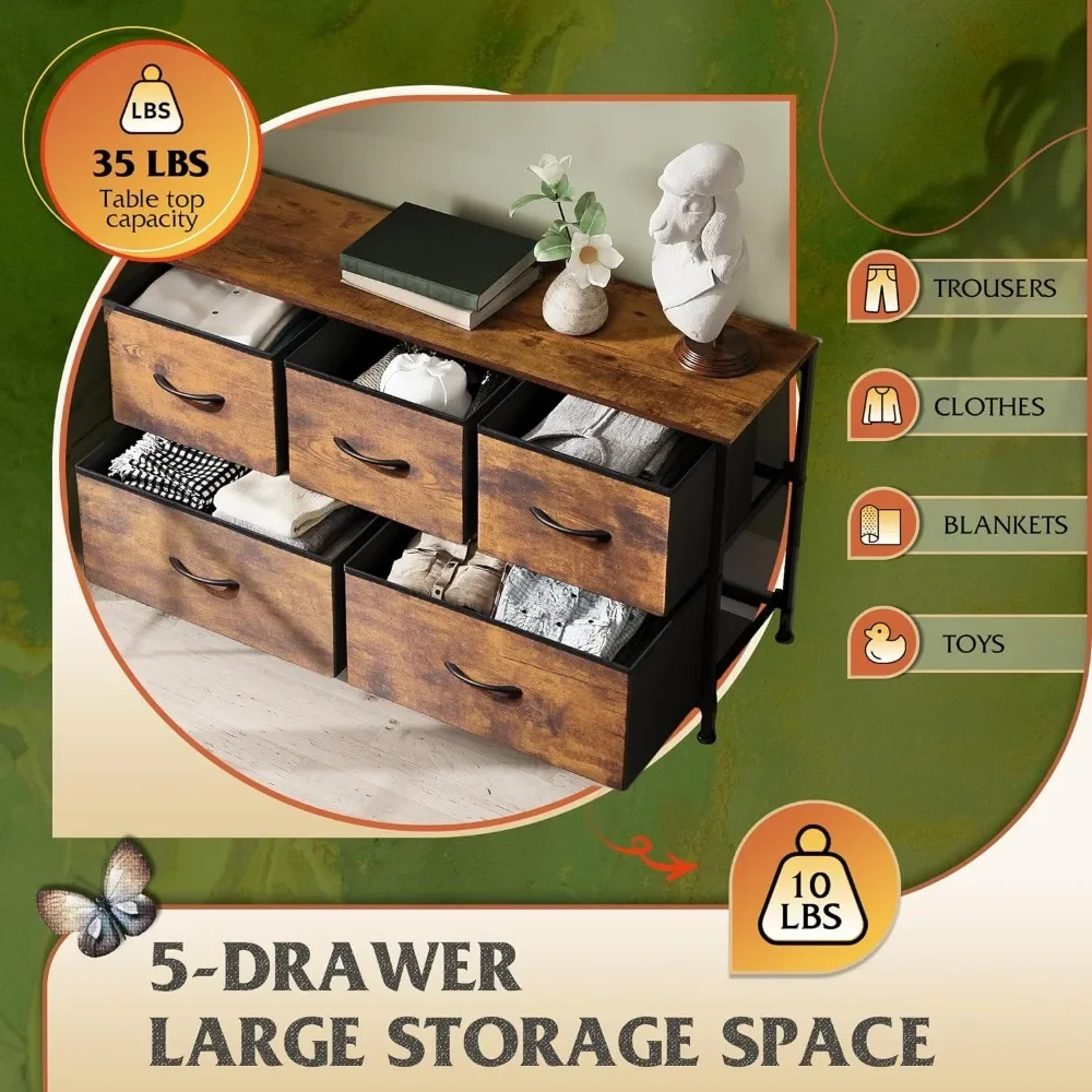 Dresser for Bedroom with 5 Drawers, Wide Chest of Drawers, Fabric Dresser, Storage Organizer Unit with Fabric Bins for Closet