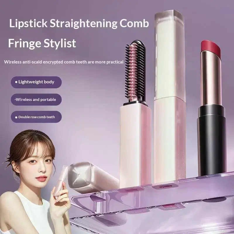 1 Set Fast Heat Styling Tool Mini Cordless Lipstick Straight Comb Pocket Bang Volumizer Ceramic Anti-Scald USB Recharge Curler