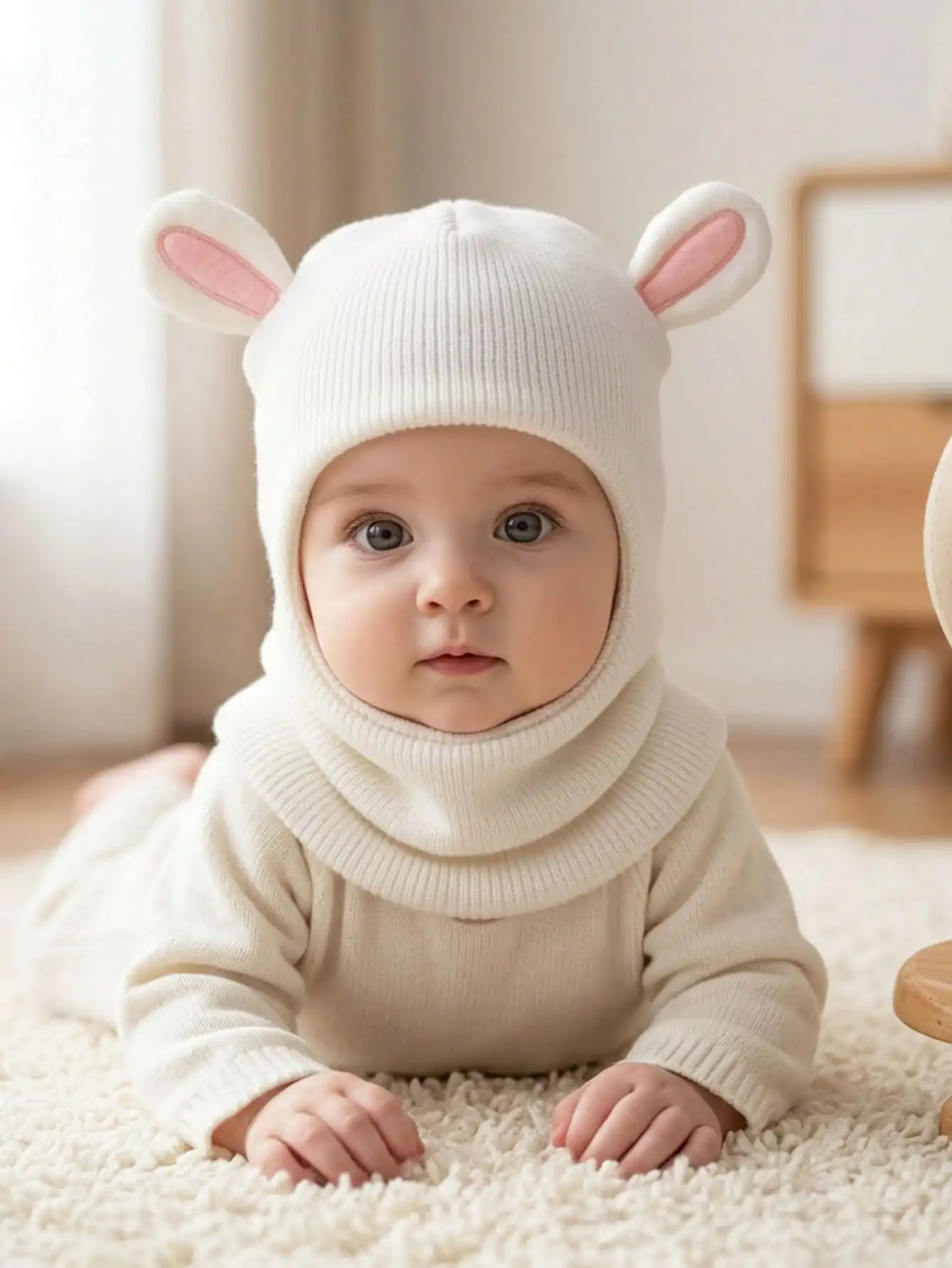 1 Stück 6M-4Y Kleine Mädchen 3D-Kaninchen-Balaclava-Strickmütze, Niedliche Kaninchenohren Weiche Leichte Kinderkopfbedeckung für den Alltag – Detail 10