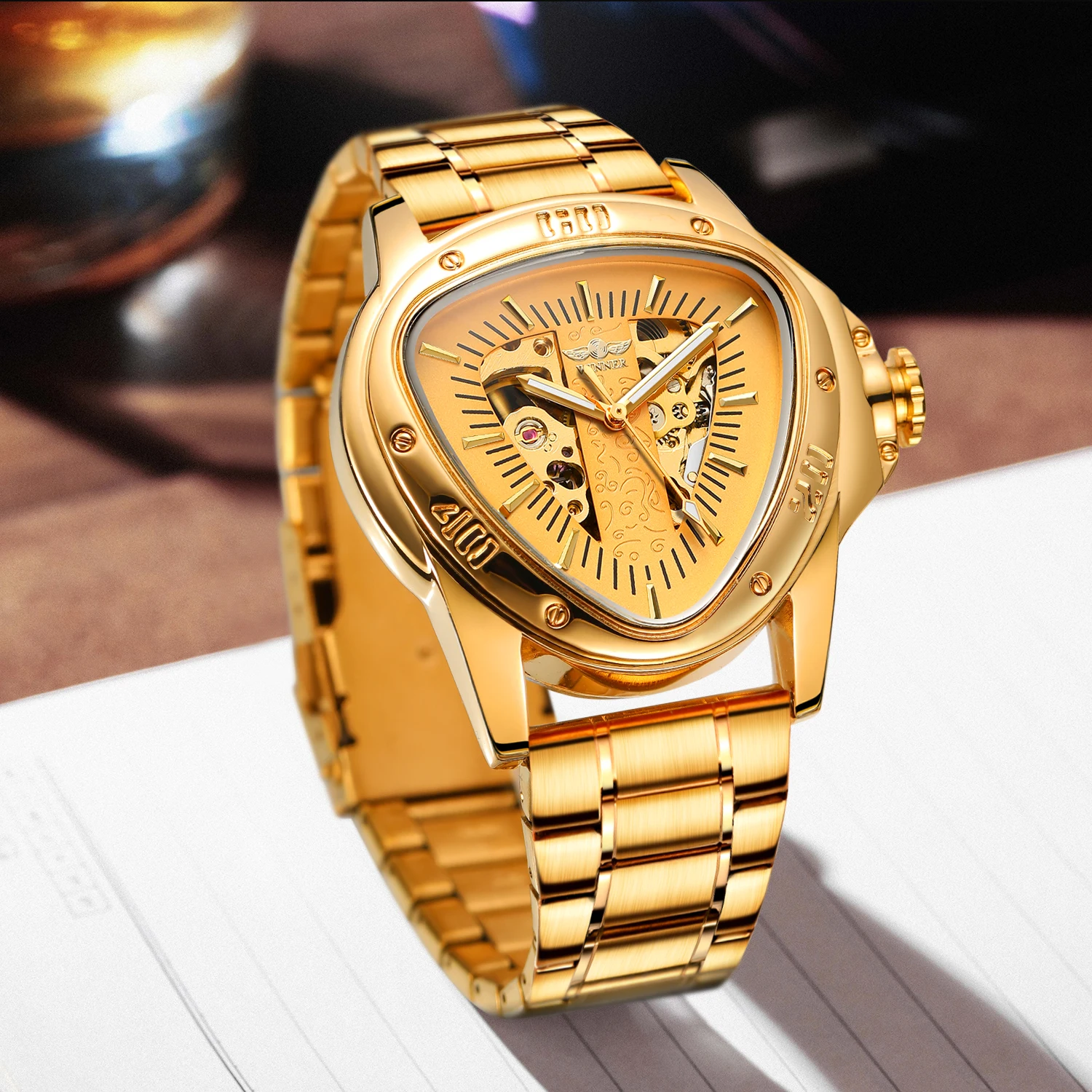 

2024 Winner Original Triangle Skeleton Automatic Man Gold Watches Mechanical Sport Stainless Steel High End Luxury Wrist Clock