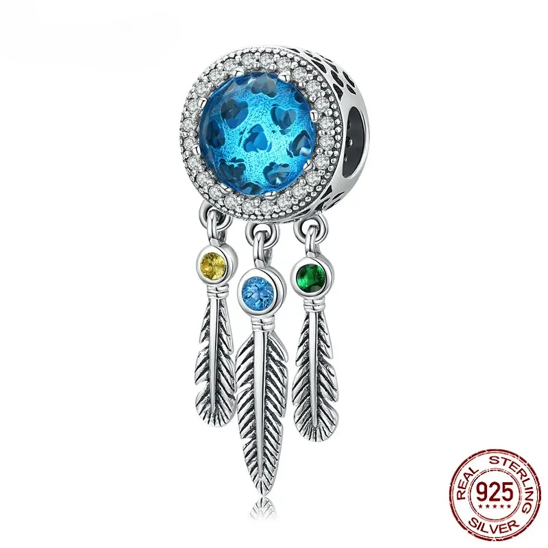 

Dream Catcher Feather Long Glass Bead Pendant Suitable for Original 925 Women's Bracelet Silver Plated 925 Jewelry Production