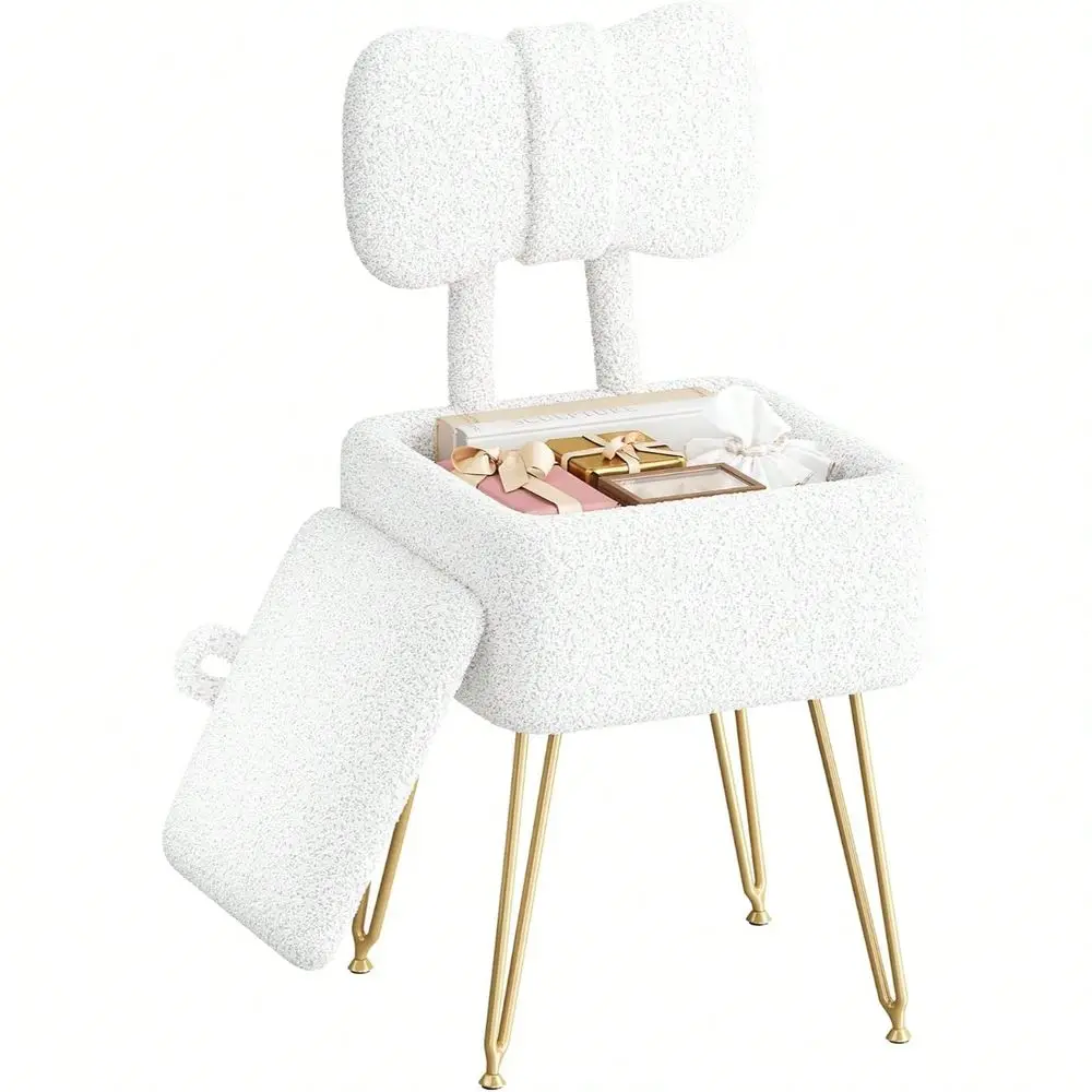 

Vanity Chair With Storage And Folding Back, 14.2 D X 12.6 W X 28.3 H Soft Storage Ottoman, Footrest Stool, Teddy Fleece Vanity