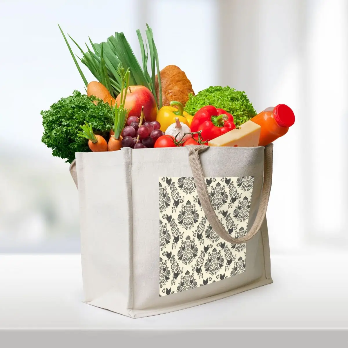 Damask with Chickens and Florals Tote Bag Shopping bags Women's shopper bag Women's bag Canvas