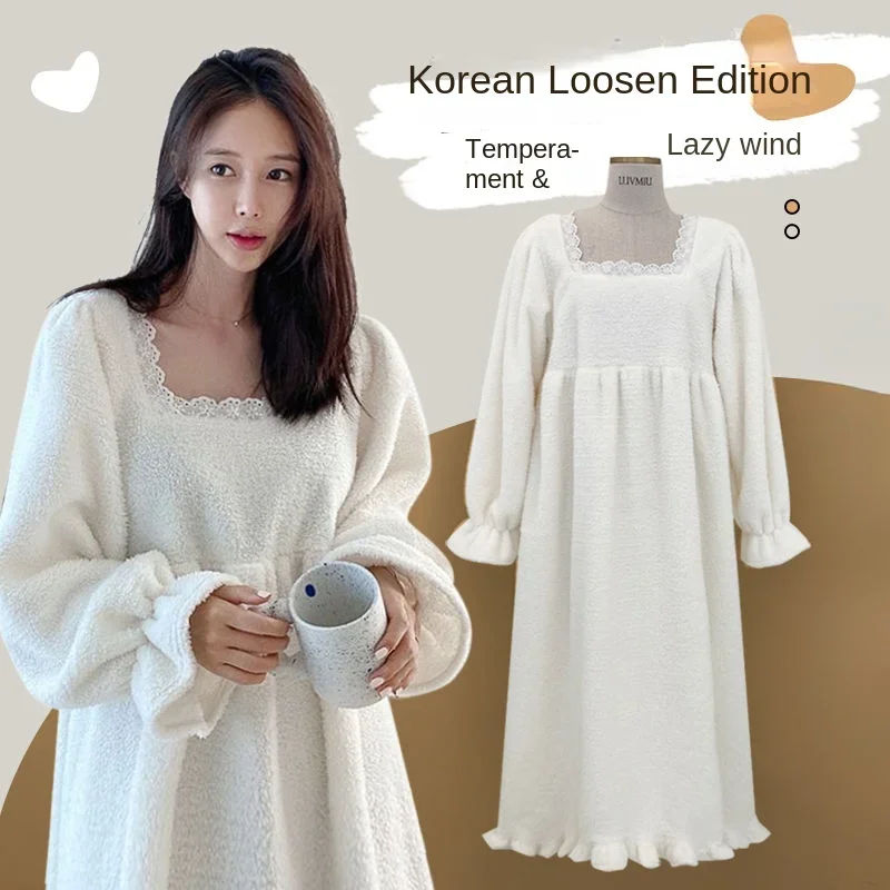 New Robes Luxury Sense Nightdress Women Winter Nightgown Coral Velvet Warm Thick Cute Girl Internet Celebrity Plus Long Pajamas