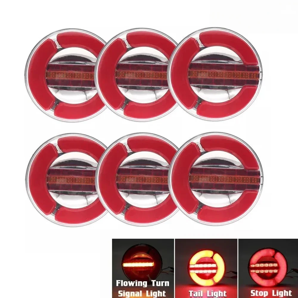 2/4/6x 12V 24V Round Sequential Dynamic LED Truck Trailer Tail Light Running Trun Signal Rear Brake Stop Reverse Lamp Caravan