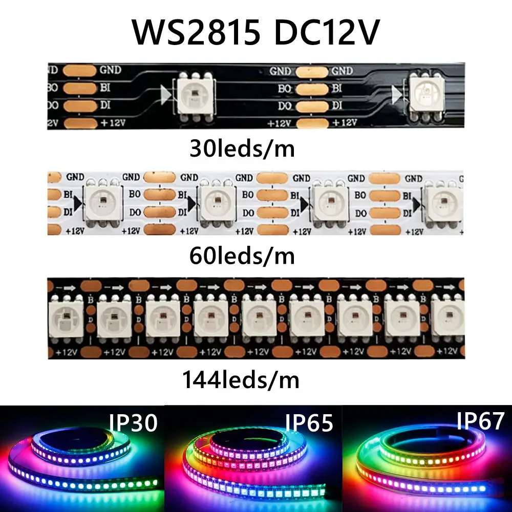 DC12V WS2815 led strip light (WS2812B WS2813 updated) 5050 RGBIC Individually Addressable LED Lights 30/60/144leds/m IP30 65 67