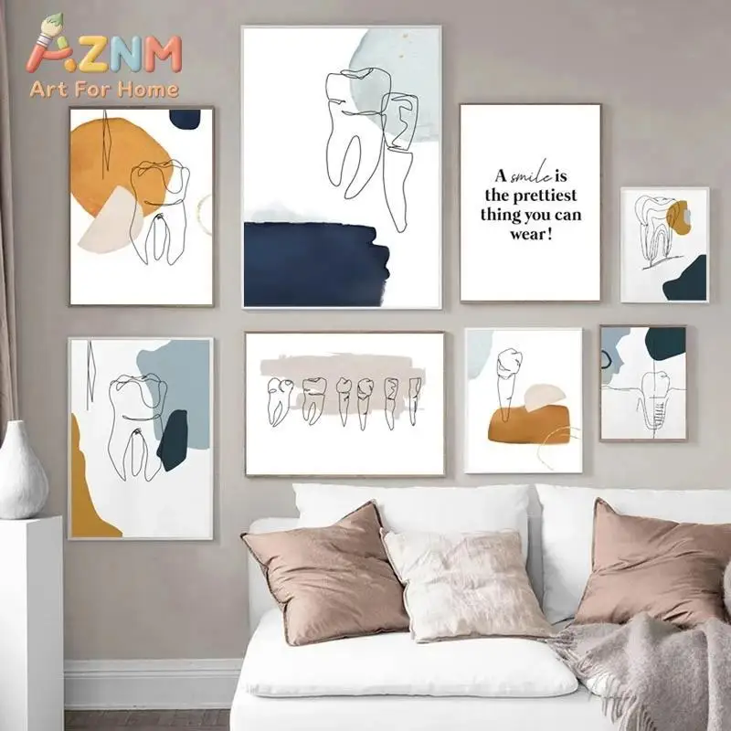 AZNM Abstract Line Art Tooth Canvas Wall Art Dental Clinic Decor Smile Quote Print Painting for Dentist Office Home Decoration U