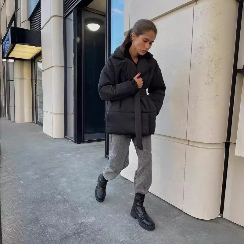 Women's Winter New Warm Cotton Padded Jacket Belt Parkas Turn-down Collar Cotton Coat Slim Solid Cotton Jacket Outerwear