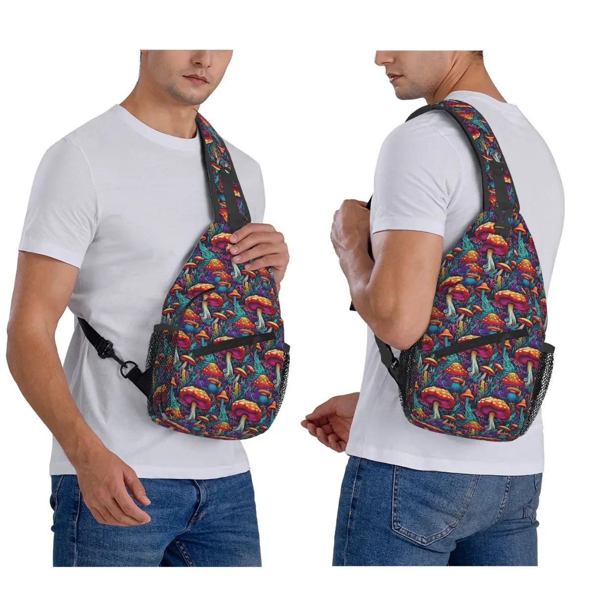 Acid Trippy Weird Psychedelic Mushroom Chest Bag Men Sling Crossbody Backpack Chest Bag Travel Hiking Daypack Shoulder Bag
