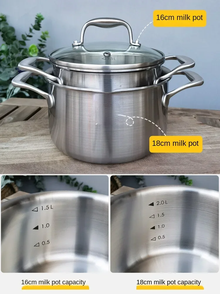 Stainless Steel Binaural Milk Pot Household Small Soup Pot Food Supplement Non-Stick Pan Gas Stove Induction Cooker Suitable