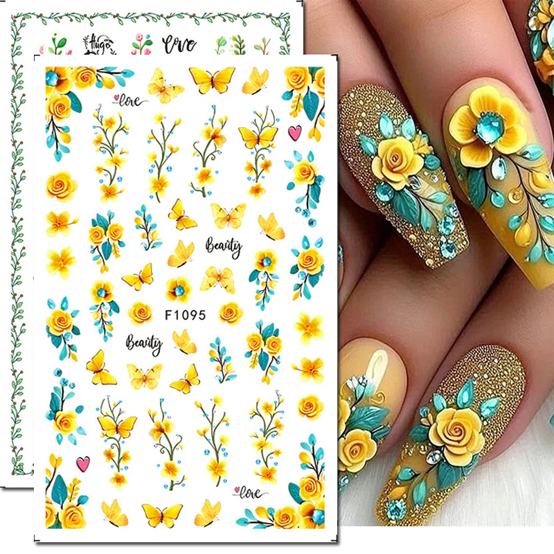 3d Nail Art Decals Spring Yellow Roses Flowers Butterflys Crystal Blue Leaves Nail Stickers Decoration For Nail Tips Beauty