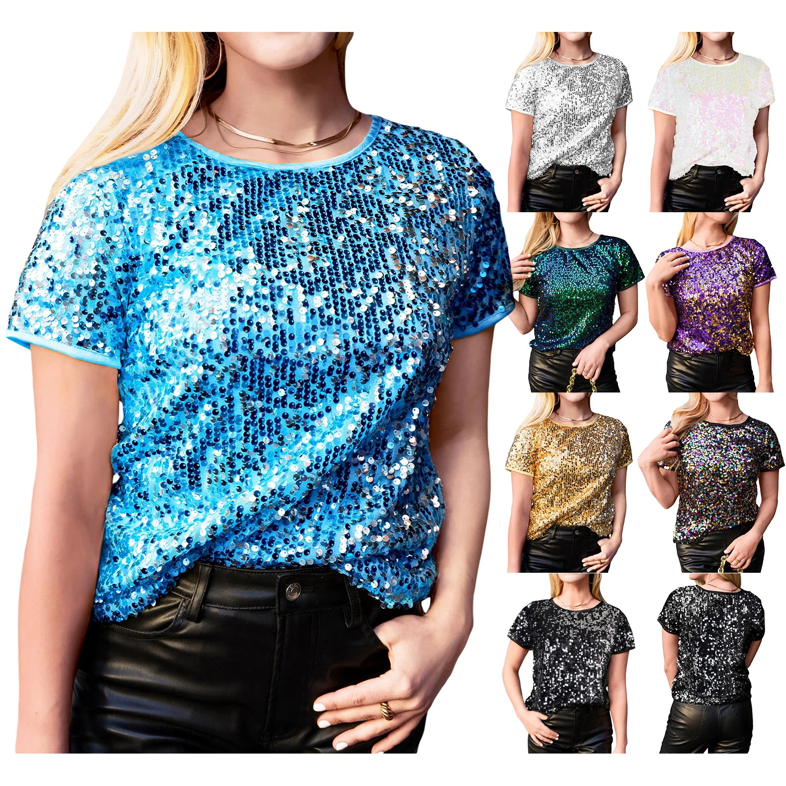 Women Short Sleeve Sequined T-shirt Casual Daily Crew Neck Tops Summer Streetwear Aesthetic Female Fashion Loose T-Shirts