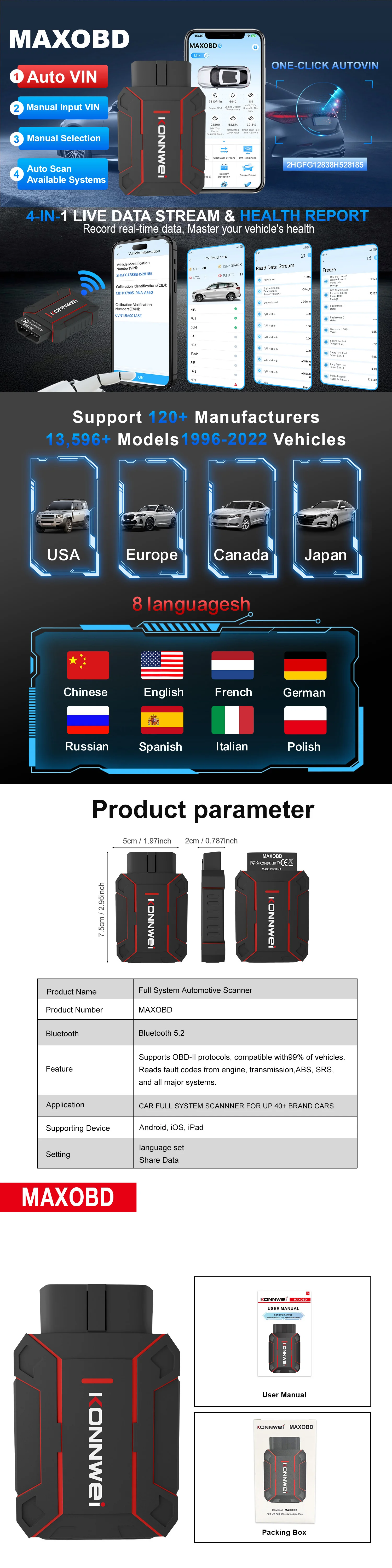 KONNWEI MAXOBD Bluetooth OBD2 Scanner Auto-Motorcode-Lesegerät Kfz-Diagnosegerät Unterstützt Android iOS Alle OBDII Benzinfahrzeuge – Detail 5