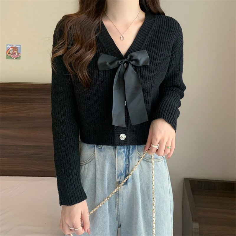 Autumn White Women Cardigan Korean Bow Sweet Slim Female Casual Sweater Fashion New V Neck Long Sleeve Ladies Crop Tops