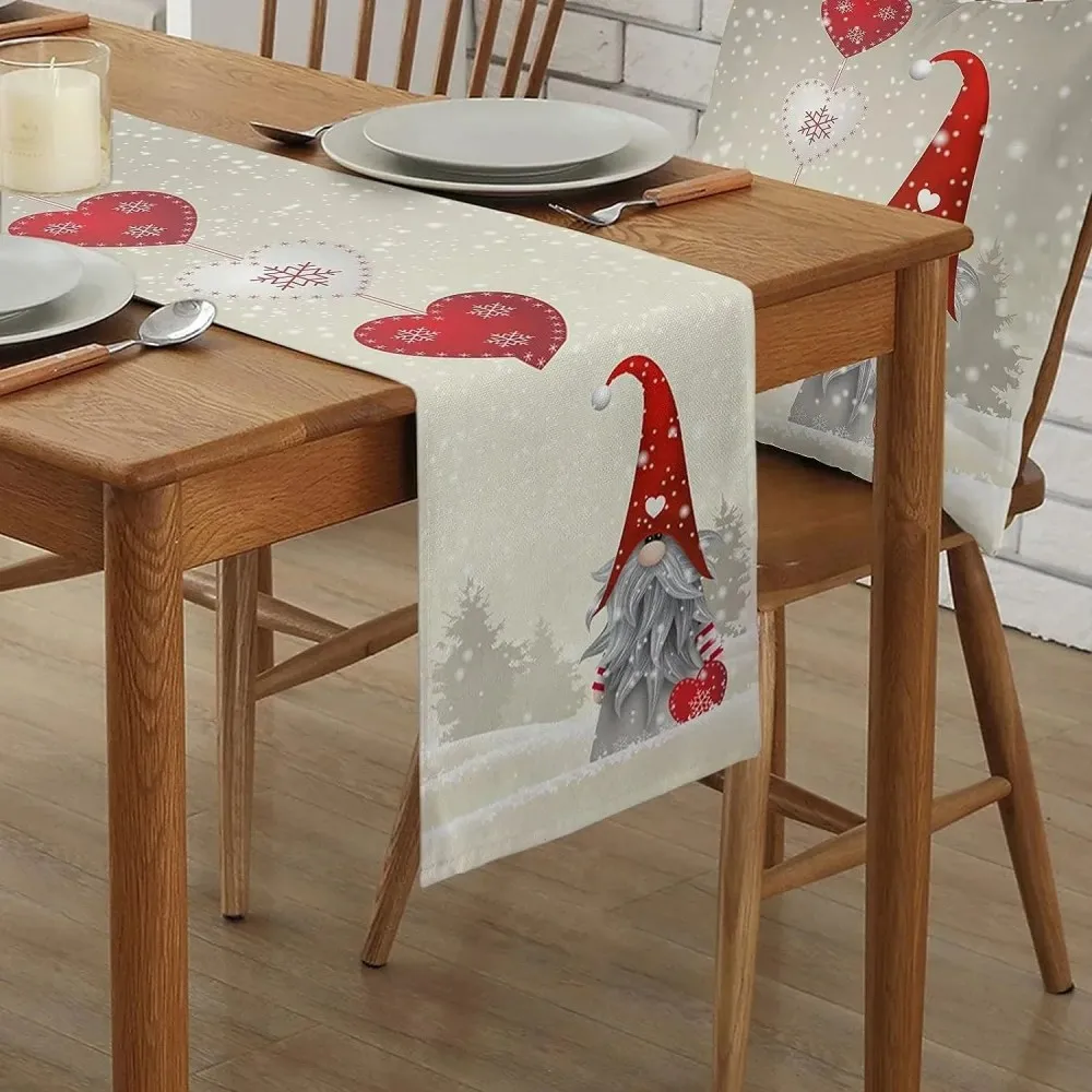 VIKAMA Christmas Elf Snowflake Heart Table Flag, Kitchen Tablecloth, Party Decoration, Washable and Reusable, Holiday Home Decor