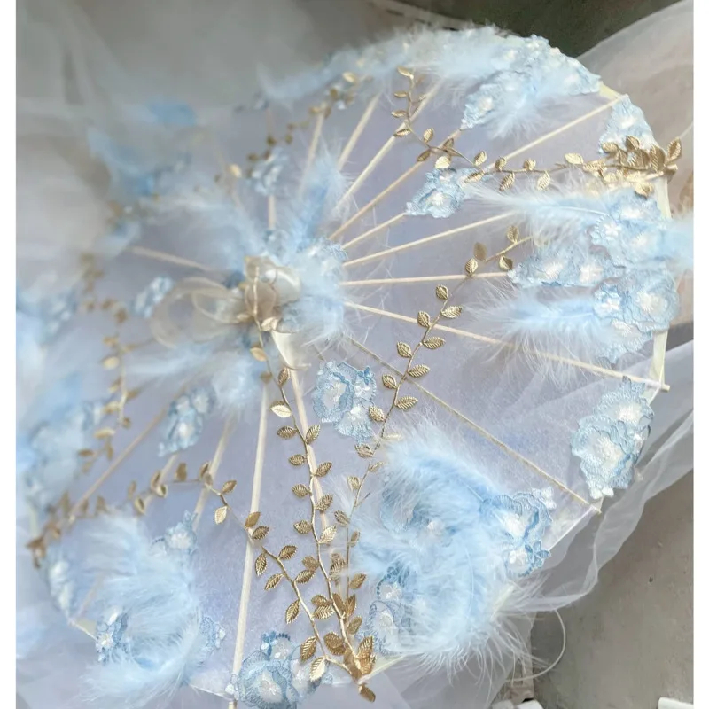 White Blue Lace Wedding Oilpaper Umbrella Umbrella Umbrella Stage Classical Craft Umbrella Cosplay Lolita Photography Props