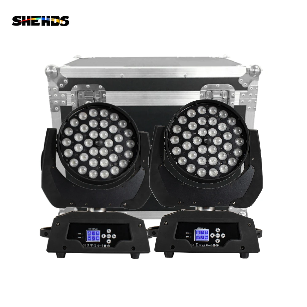 SHEHDS 2pcs LED Zoom 36x18W RGBWA+UV Wash Moving Head Light with Flight Case for Dance KTV Disco Party Show Stage