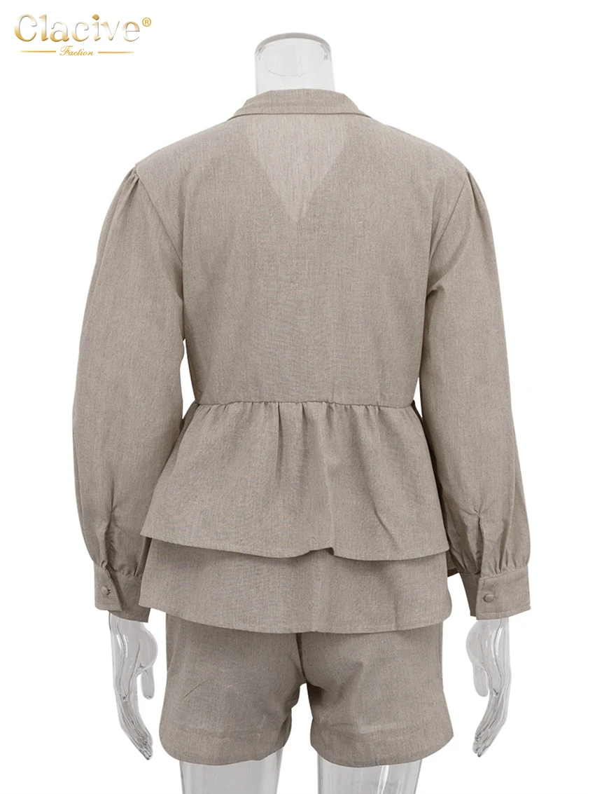 Clacive Fashion Loose Khaki Linen 2 Piece Sets Women Outfit 2025 Elegant Long Sleeve Shirt With High Waist Shorts Set Female