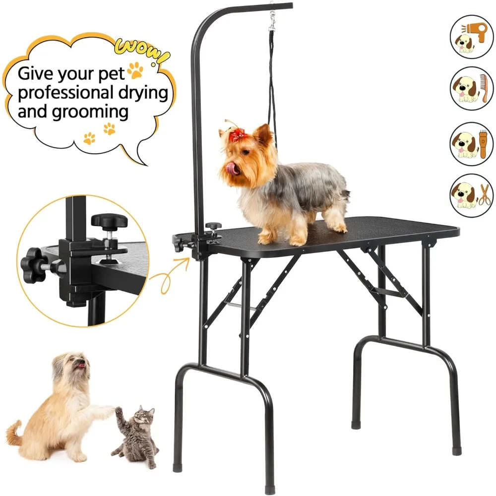 Mesa dobrável para cuidar de cães de estimação de 32 polegadas com mesa de secagem de braço de altura ajustável para casa com laço