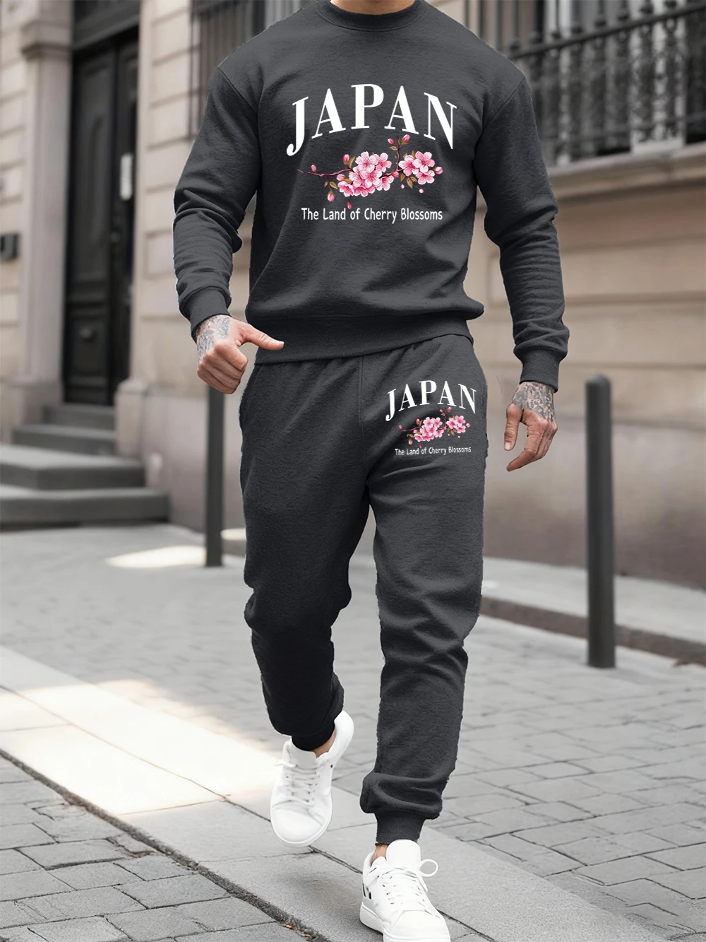 

2 Pcs Hoodies Set Mens Japan Cherry Blossoms Prints Sweatpants Winter Loose Fleece Warm Jogging Outfits Sporty Crewneck Clothes