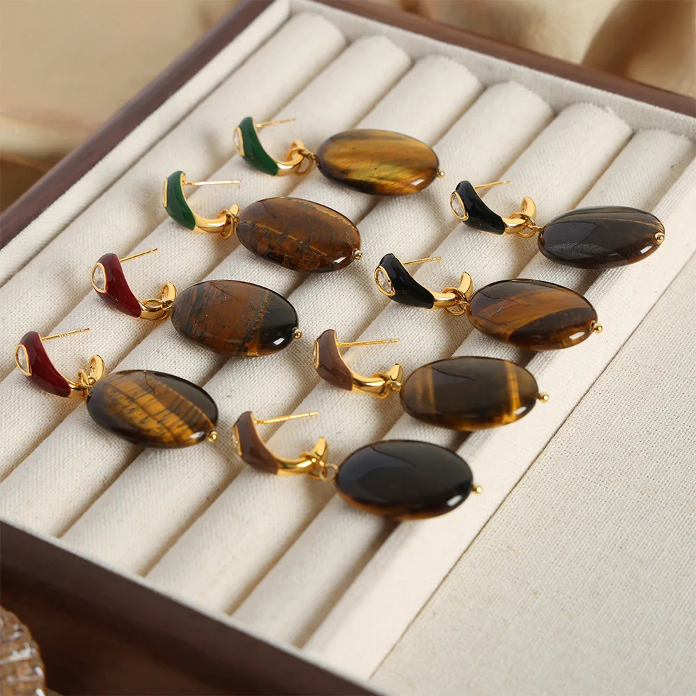 Multi Color Enamel Stainless Steel Dangle Earrings With Oval Natural Tiger Eye Stone Charm Stud Earring Ear Studs For Women