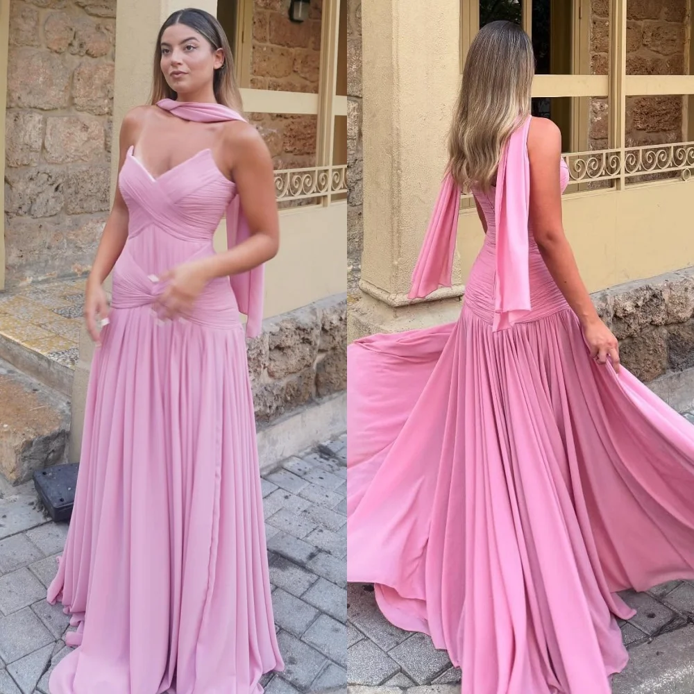 

Customized High Quality Classic Chiffon Ribbon Ruched A-line Strapless Long Dresses Bespoke Occasion Dresses Modern Style Retro