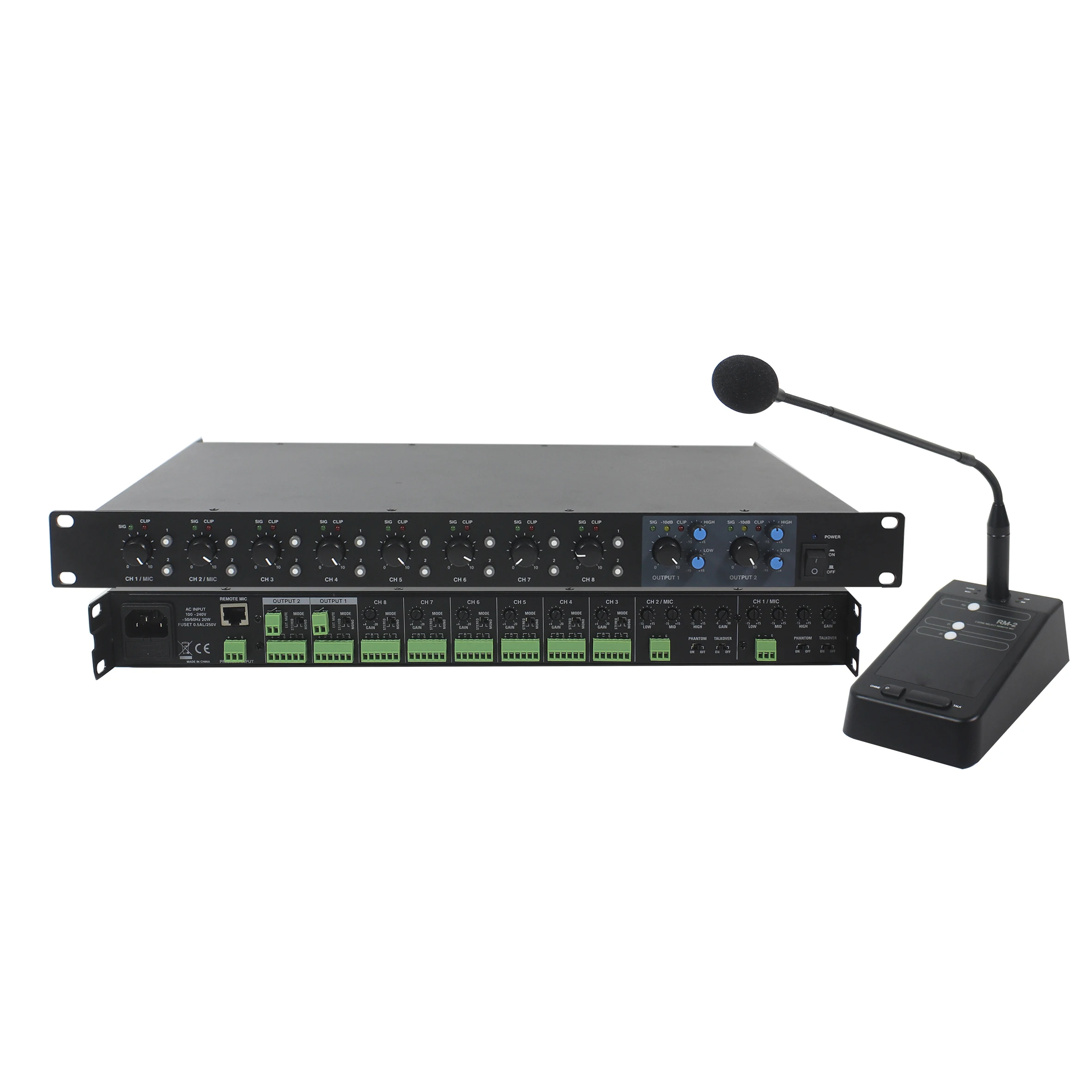 8 Channel Preamplifier Audio Receiver with Euro Block 2 outputs, 8 input, 6 Channel Gain control and 2 Zone Desktop Microphone