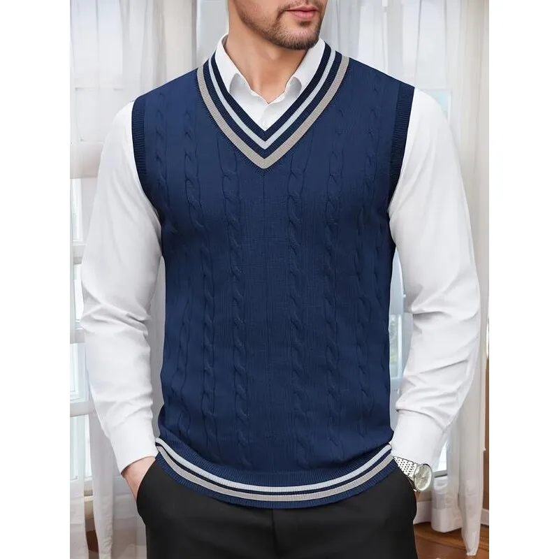 

Men's Knitted V-Neck Sweater Vest Warm Inner Wear Casual Citywalk Style Regular Fit Spring Season Fashion Cross-Border