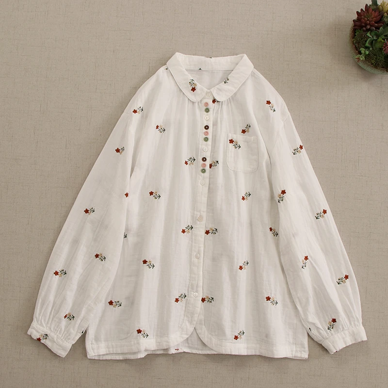 Mori Kei Clothing Japanese Mori Girl Sweet Flower Embroidery Cotton Shirt Women Turn Down Collar Long Sleeve Casual Blouse Tops