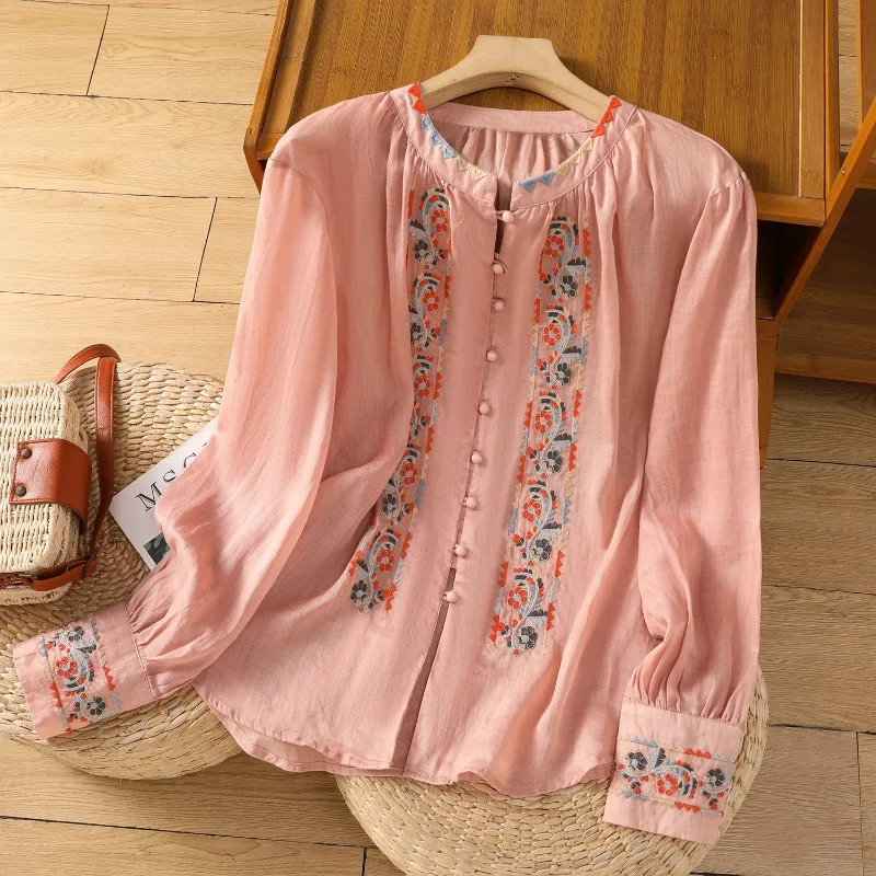 中国風の女性のブラウス韓国刺繍シャツファッションルーズ春/夏のコットンリネン服長袖女性トップス