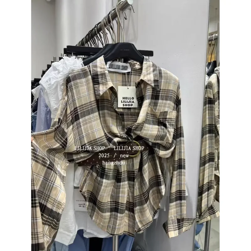 

2025 ранняя осень, новый корейский стиль, клетчатая солнцезащитная рубашка с длинными рукавами, женский топ с поясом