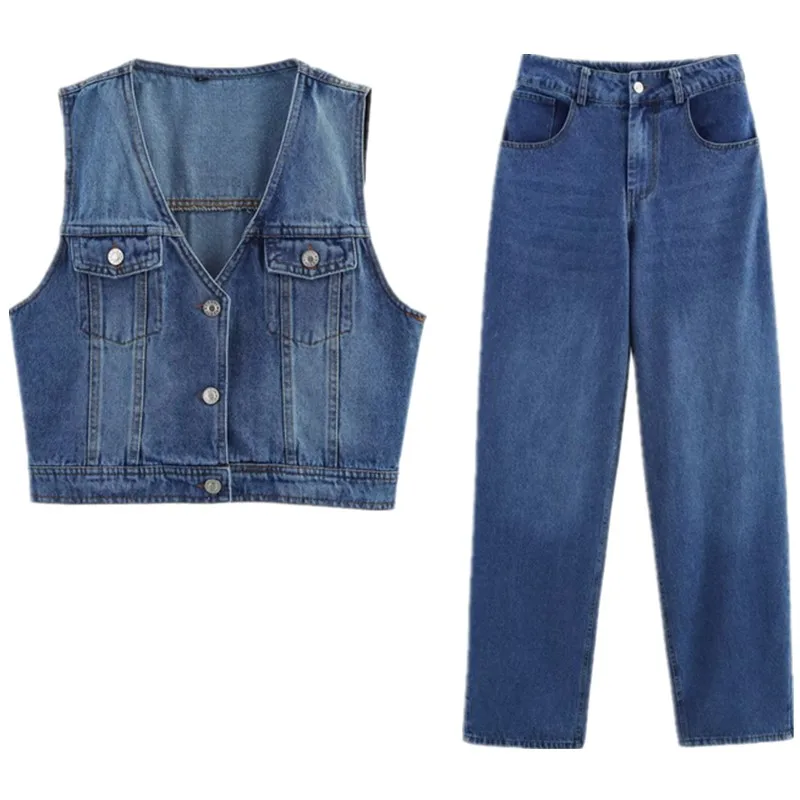 Conjunto de Primavera 2025 Moda Fena Colete Curto de Jeans Sem Mangas com Decote em V Calças Cridas de Cintura Alta No...