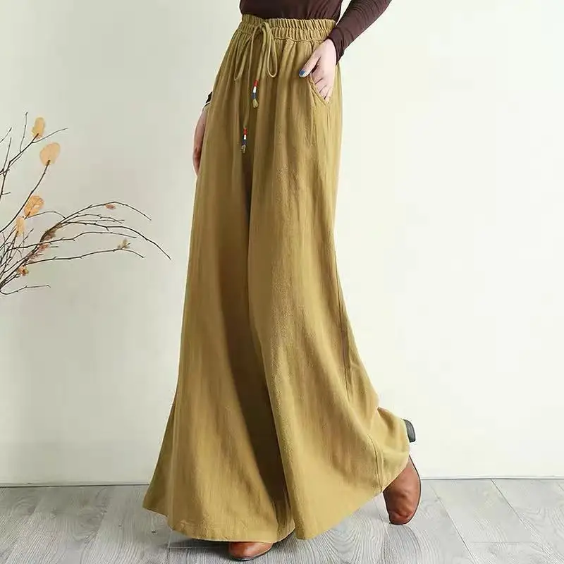 Retro Literary Pure Cotton Wide-leg Pants Spring and Summer New Versatile Drawstring Elastic Waist Loose Slim Casual Trousers