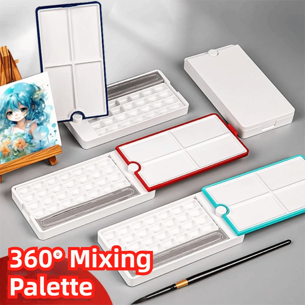 360 Degree Rotatable Watercolor Palette Empty 28 Grids Paint Box with Paint Brush Holder Slot Portable Paint Tray Student Artist