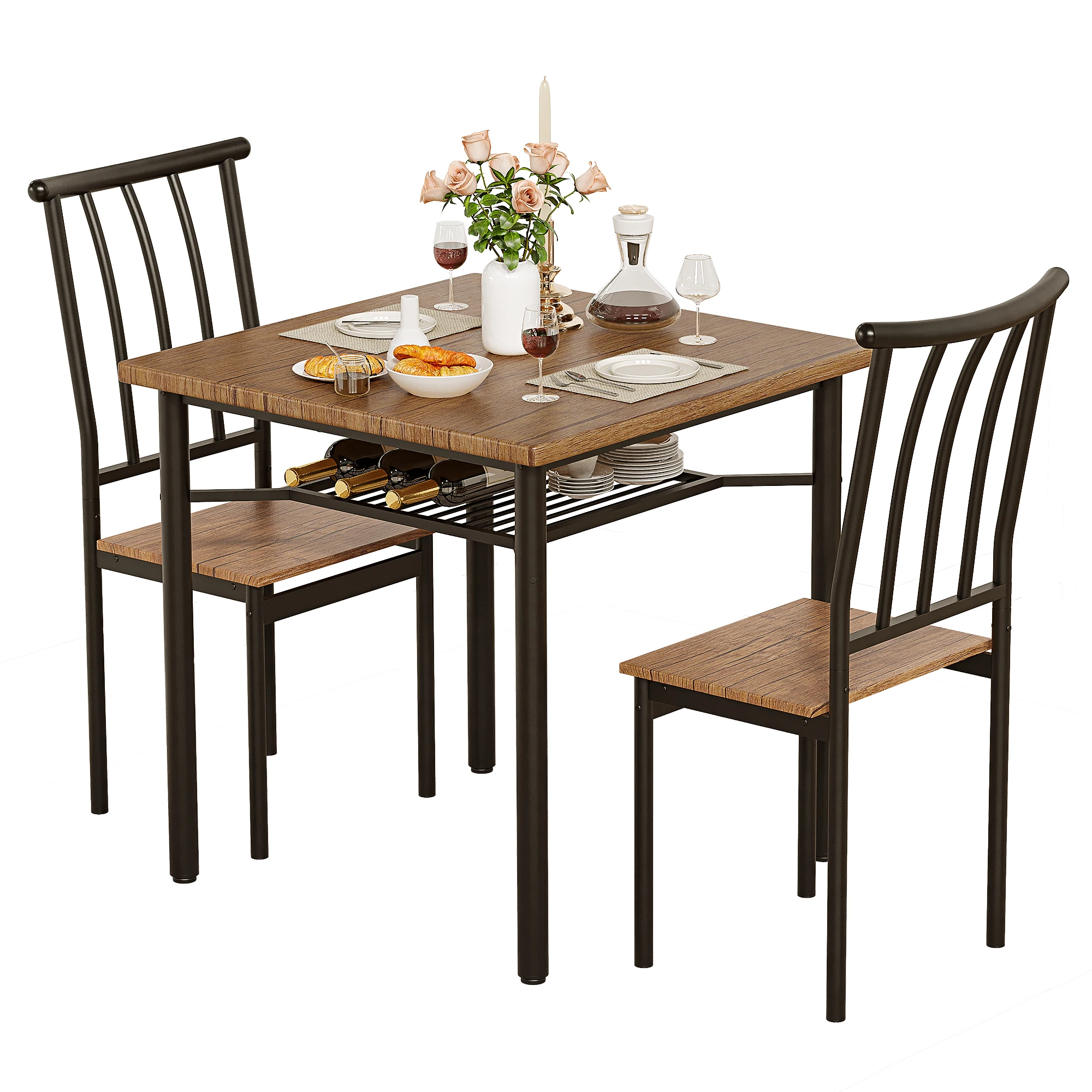 3PCS Kitchen Table Dining Table Set with Storage Wine Rack Black Steel Frame and Vintage Brown Wood Grain for Small Space