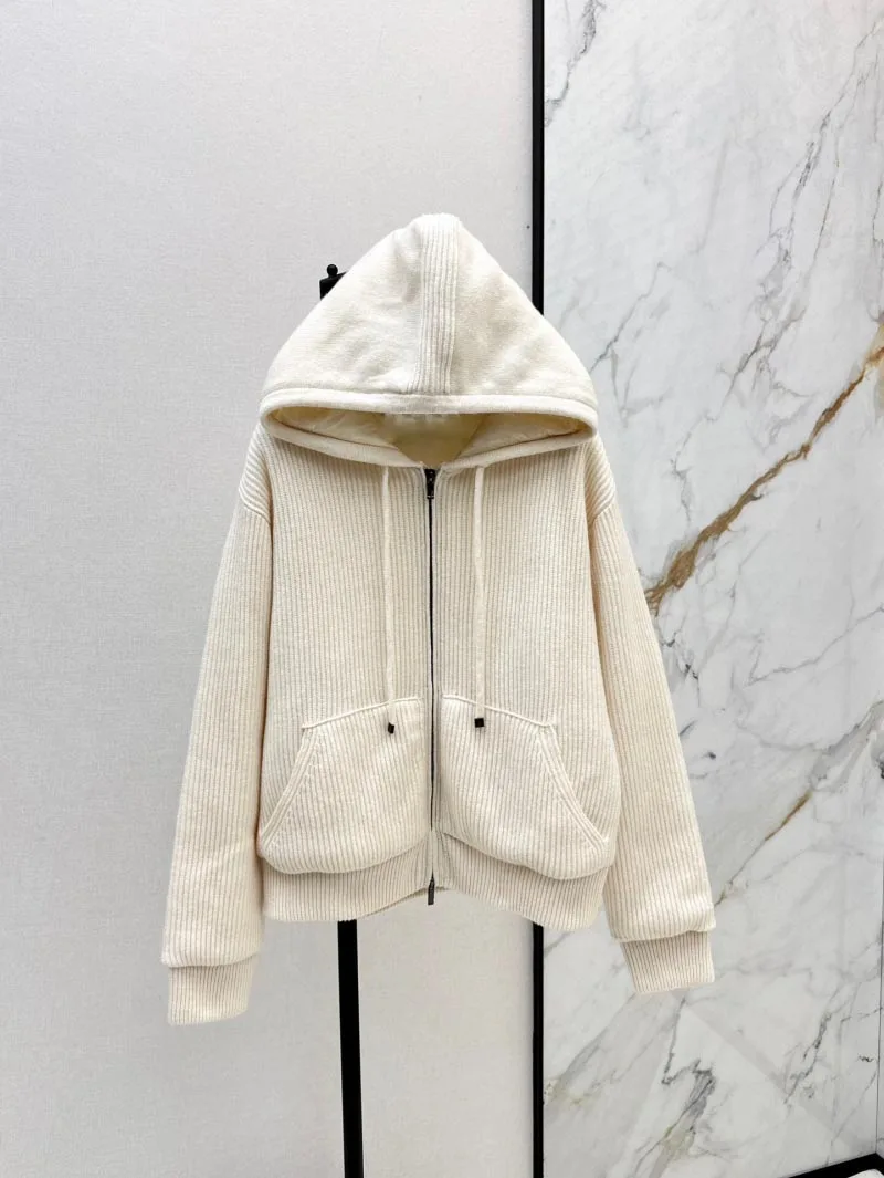 2024 Autumn/Winter New Women's Cotton Robe Fashion Exquisite College Style Hoodie Knitted Wool Cashmere Blended Coat