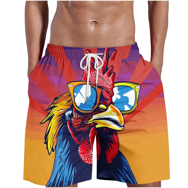 

Funny Chicken Head Graphic Beach Pants For Men 3D Printed Cock Animal Pants Summer Casual Hawaiian Street Loose Men Swim Trunks