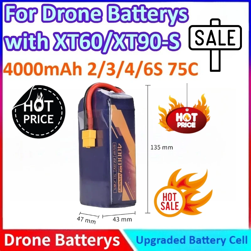 

New 2/3/4/6S 4000mAh 75C High-Discharge Rate LiPo Battery for Racing RC Cars, Model Aircraft, and FPV Drone with XT60/XT90-S