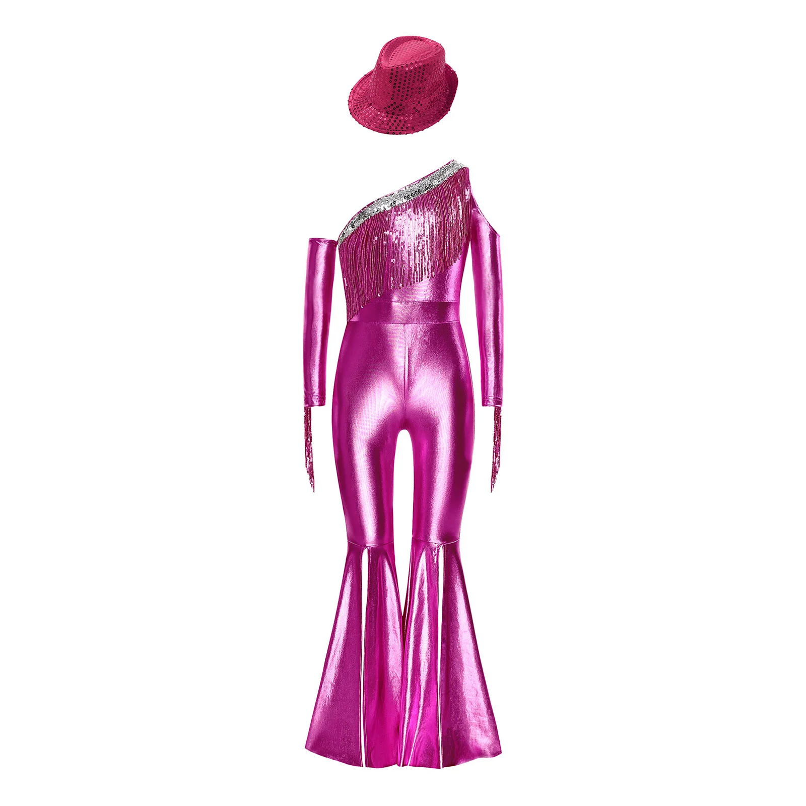 Kids Girls Metallic Sequin Tassel Flare Jumpsuit with Hat Halloween Carnival 70s Disco Hippie Cowgirl Cosplay Jazz Dance Costume