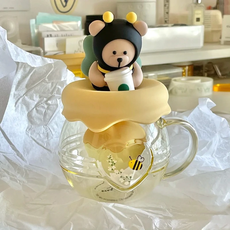 New Creative Cartoon Bee Tea Cup with Lid，Milk Glass with Handle, Coffee Cups,glass Mug,cup Set, Fall Mug ,cold Cups,kawaii Mug