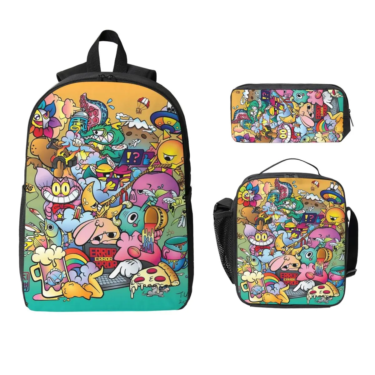 

Things In Life Cute Colorful Vexx Style Doodle Backpack Student Boy Girl BookBag School Bag 3ps Insulated Lunch Bag Pencil Case