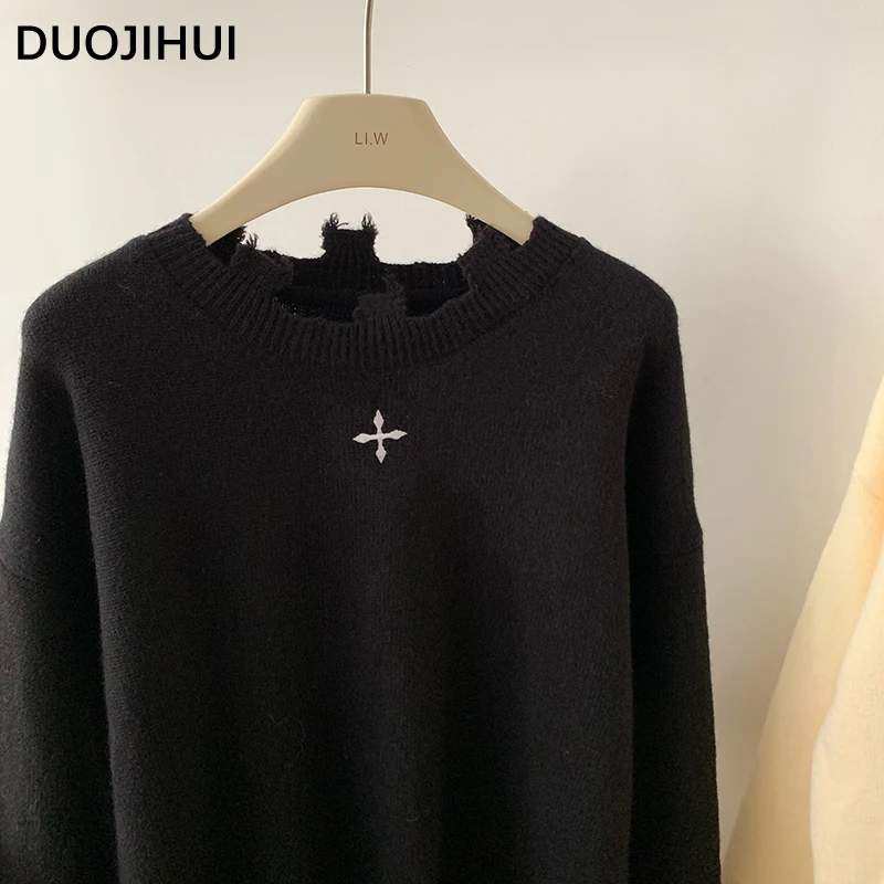 DUOJIHUI Black Casual Loose Simple Female Pullover American Vintage Knitting Solid Color Fashion Sweater Women Pullover Apricot